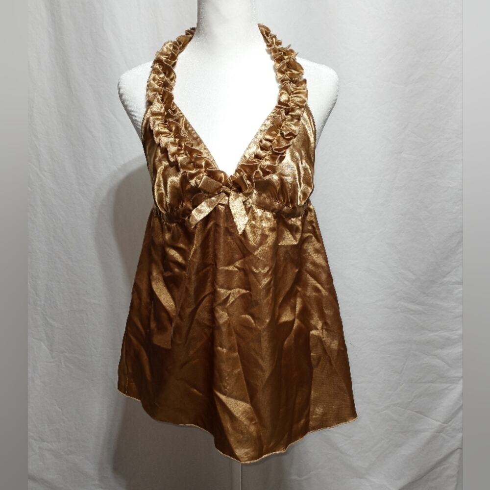 Frederick's of Hollywood Y2K Gold Halter Lingerie Top Ruffles Bow Size Med